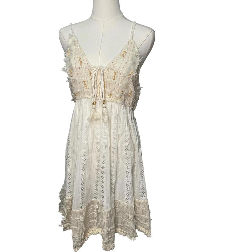 POL NIP Natural Boho Lace Tassel Dress w/ Lining Size Large 100% cotton A21 - Picture 3 of 9